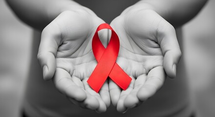 Red Ribbon in Hands for AIDS Awareness