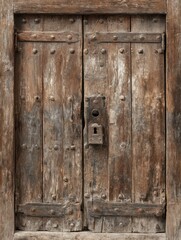 Close-up of an old, weathered wooden door with metal hardware, offering rustic charm