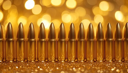 Shiny golden bullets arranged in a line.