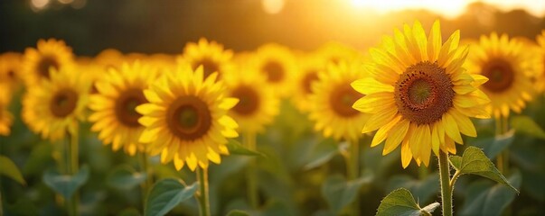 Obraz premium Golden Hour Sunflowers A Tranquil Harvest Scene of Bees and Abundant Summer Bounty in a Rural Field