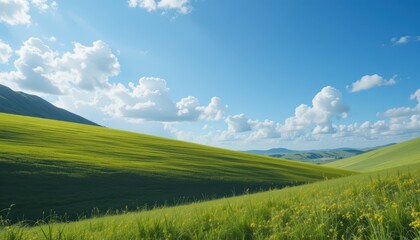 Obraz premium Lush Green Rolling Hills Under a Bright Blue Sky with Fluffy Clouds on a Sunny Day in a Scenic Landscape