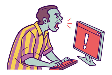 Frustrated person yelling at computer screen displaying an exclamation mark error message indicating technical difficulties or online frustration