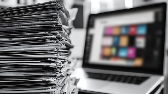 Overwhelmed tall paper stack vs. blurry laptop screen depicting digital media age
