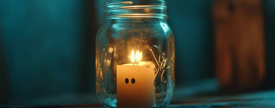 ghost in a mason jar with warm vintage light, filmic softness, cozy memory style