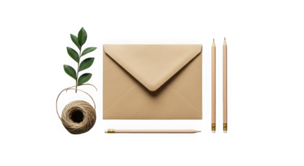 Envelope with pencils, twine, and green leaves on a transparent background still life