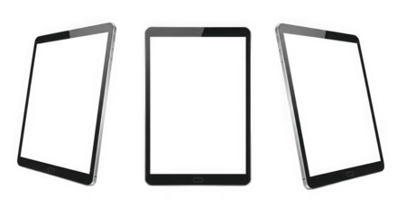 Three tablets with blank white screens displayed against a transparent background