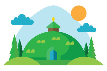 Naklejka premium A stylized illustration of a hobbit-like house on a green hill, with trees, clouds, sun and a mountain in the background.