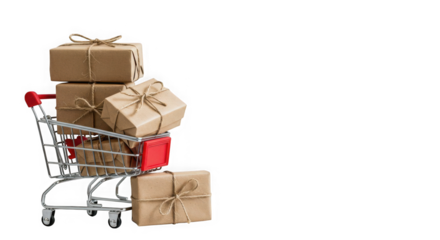 Shopping cart filled with wrapped gifts tied with twine on a transparent background