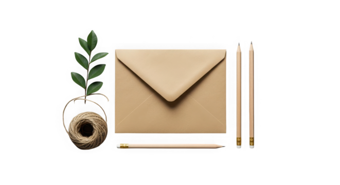 Envelope with pencils, twine, and green leaves on a transparent background still life - Powered by Adobe