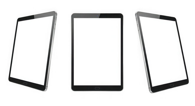 Three tablets with blank white screens displayed against a transparent background