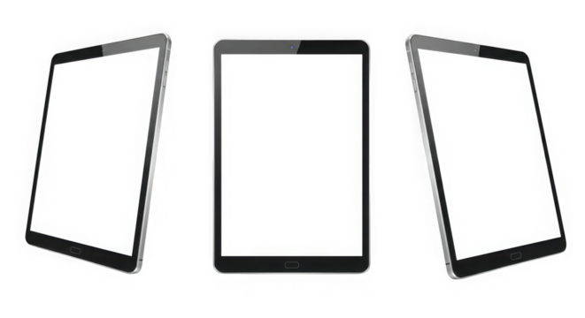 Three tablets with blank white screens displayed against a transparent background