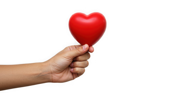 Hand holding a red heart against a transparent background in a loving gesture