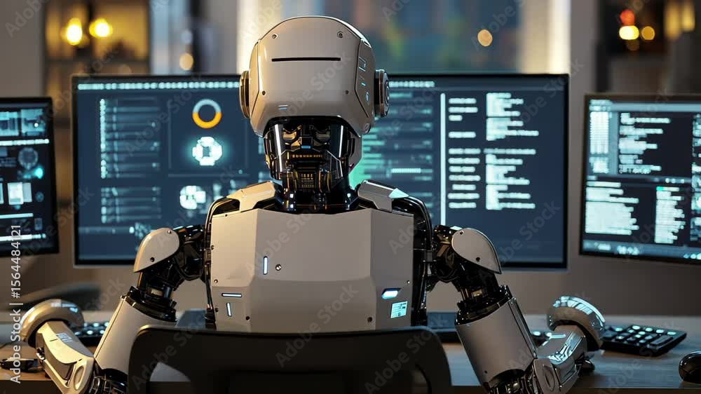 Poster Robot working on multiple computers in a modern workspace during evening hours, Rear view of a Robot using multiple computers on desk in living modern room