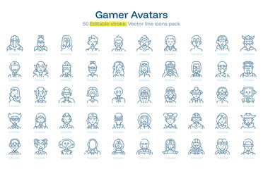 Gamer Avatars line icon pack. Gamer Avatars Stroke icon set. Editable Stroke icon