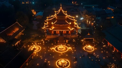 Obraz premium Aerial photo of a Buddhist temple glowing with candlelight during Asalha Puja. Lotus-shaped light pattern around the temple, realistic night setting, no people.