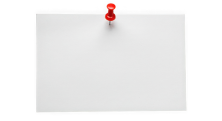 Blank white paper sheet attached with a red pushpin on a transparent background