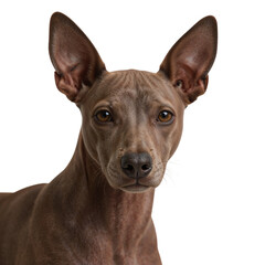Striking portrait of a hairless Xoloitzcuintli dog with a sleek coat against a dark backdrop, showcasing its unique features, transparent background