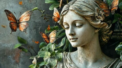 Old statues surrounded by butterflies create a serene atmosphere in a timeless garden, old statues and butterflies seamless ing time lapse virtual video Background