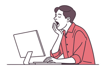 Tired office worker yawning widely while sitting at a computer desk feeling exhausted and needing rest during the workday