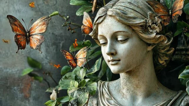 Old statues surrounded by butterflies create a serene atmosphere in a timeless garden, old statues and butterflies seamless ing time lapse virtual video Background