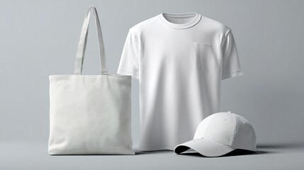 White Apparel Mockup Featuring Tshirt Tote Bag And Cap. High quality