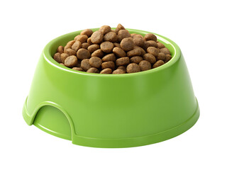 Green bowl filled with dry dog food on transparent background
