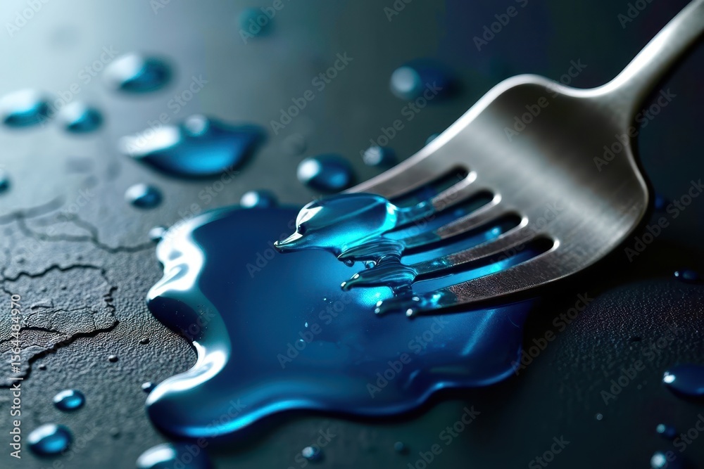 Poster a fork is on a table with blue liquid on it