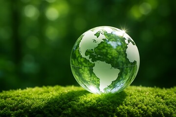 Glass Globe on Green Moss Reflecting Lush Greenery