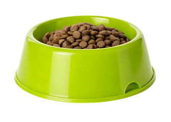 Green pet bowl filled with dry dog food on transparent background