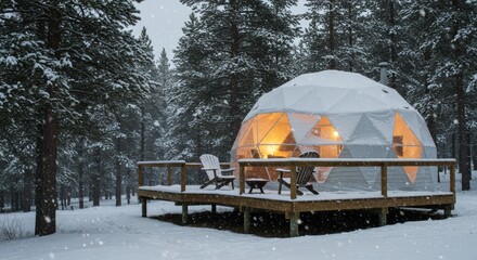 A geodesic dome in a snowy forest with chairs on a deck and light shining from inside the dome