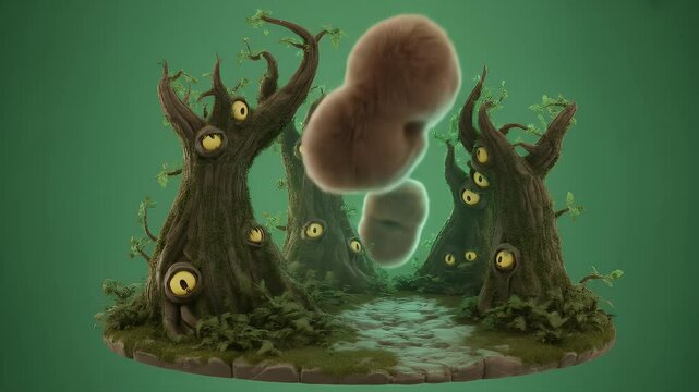 Mystical Ancient Forest with Glowing Eyes Animation on Green Screen Floating Shapes and Mossy Trees Perfect for Fantasy Adventure Projects