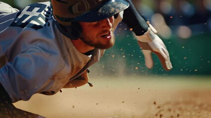 Player dives into home plate during an exciting baseball match in a sunny stadium at midday - Powered by Adobe