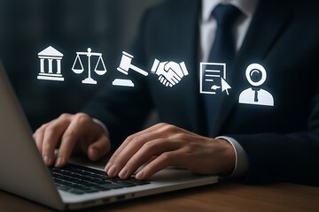 Person in Suit Typing on Laptop with Legal Icons Floating Above
