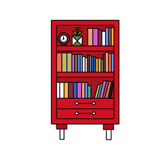 A red bookcase with a clock on top and a potted plant on the left side