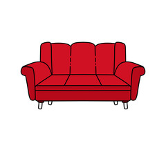 A red couch with white legs