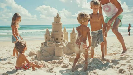 Family enjoys building a sandcastle on a sunny beach while children play and create memories during summer vacation - Powered by Adobe