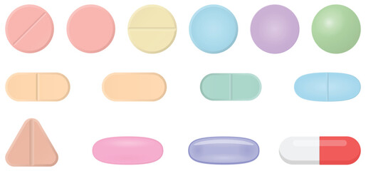 Flat Vector Illustration of Various Colored Pills and Capsules in Different Shapes for Medical Infographic and Presentation