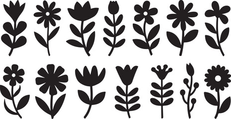 Monochrome Assorted Floral and Leaf Sprigs Line Art
