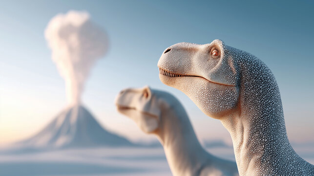 Dinosaurs roaming prehistoric landscape with active volcano eruption in background