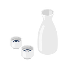 Flat Sake Bottle and Ochoko Set - Tokkuri with Two Cups Snake Eye Pattern Vector Illustration