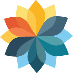 Vector Overhead View of Modern Symmetrical Flower Featuring Red, Yellow, and Blue Petals in a Balanced Layout