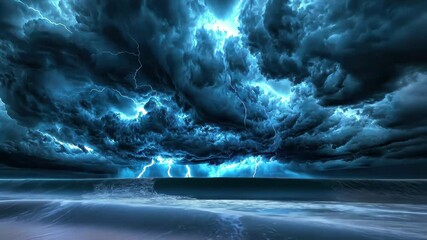 Dark clouds hover over the ocean with vivid lightning striking during a storm in the evening sky, Dark clouds and lightning - Powered by Adobe