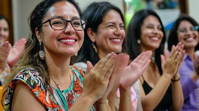 Latina business women celebrating their achievements during a successful workshop in a vibrant meeting venue, Latina business women applauding their results during team meeting in Brazil