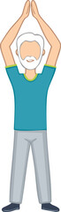 Vector Illustration of Happy Older Man in Bright Clothes Doing Fitness Pose with Raised Hands