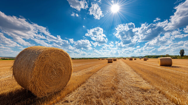 Golden hay bales rest across  dry farmland under blue sky dot cloud. - Powered by Adobe
