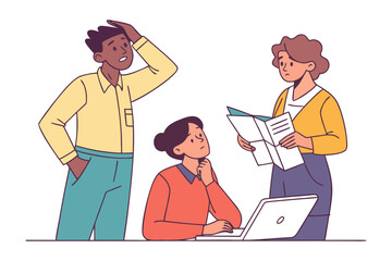Three diverse colleagues looking confused and concerned while reviewing documents and a laptop during a team meeting or brainstorming session