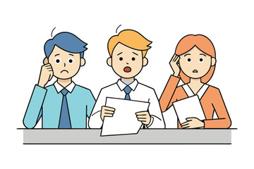 Three diverse office workers expressing confusion and stress while holding papers at a meeting table conveying a sense of difficulty
