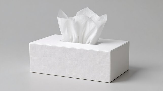 Ultra quality image of box of tissues mockup concept. A simple white tissue box with tissues partially pulled out, set against a neutral gray background. High quality