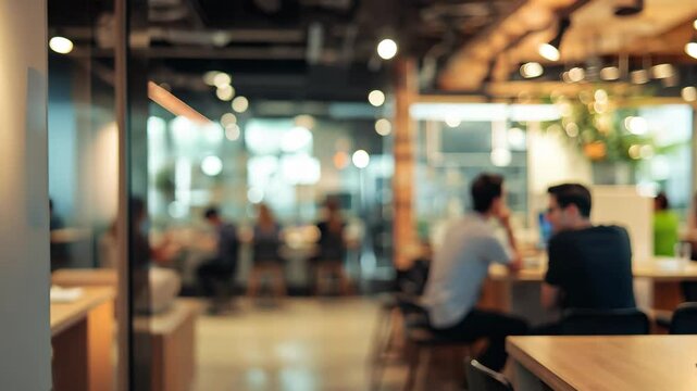 Office workers collaborating in a modern workspace with a focus on teamwork and productivity, Blurry background of people working in an office, business incubator and startup concept