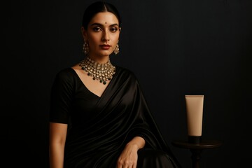 Royal Indian Woman in Black Saree with Jewelry, Classic Studio Portrait